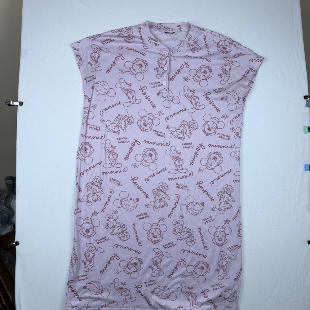 Disney Mickey Minnie Mouse Henley Nightgown Sleep Shirt Light Pink Women M